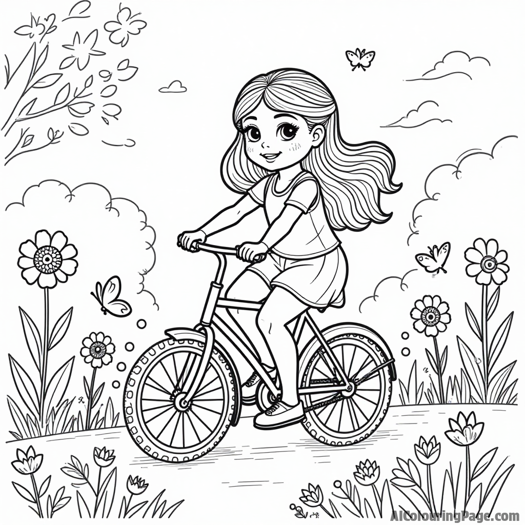 A doll riding a bicycle through a park filled with flowers and butterflies, creating a joyful scene for kids to enjoy coloring.