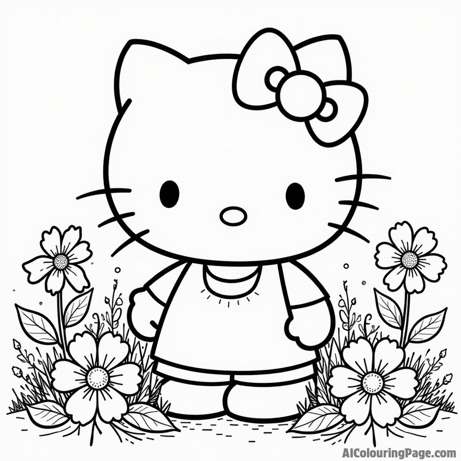 Hello Kitty in a flower garden