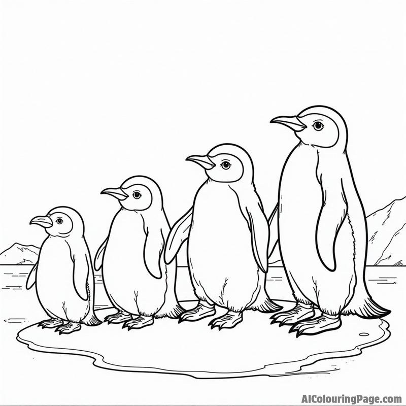 Penguin family waddling on ice