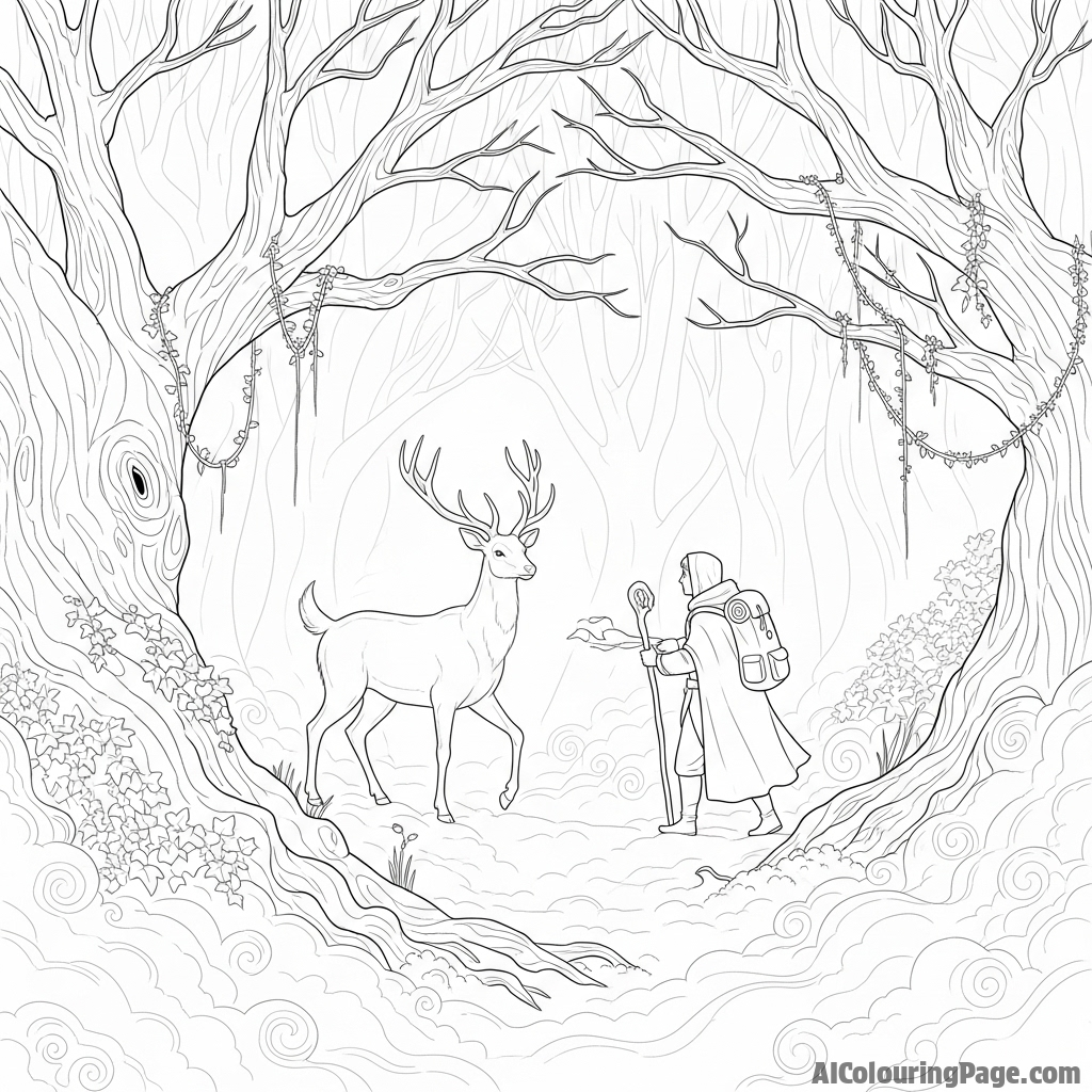 An ethereal deer guiding a traveler through an enchanted, misty forest.