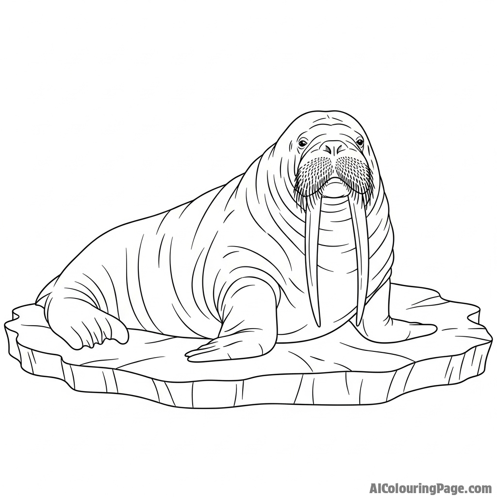 A walrus with magnificent tusks resting on an ice floe