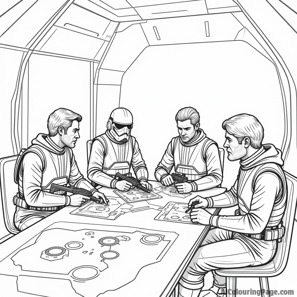 A group of rebels planning their next move in a hidden base, with maps and holograms spread across a table.