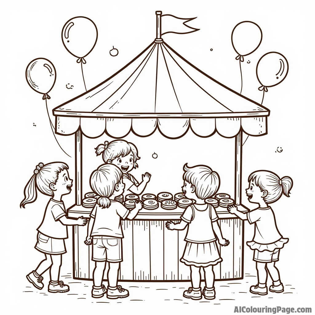 A colorful cookie stand at a fair, with children excitedly choosing their favorite cookies and balloons floating above.