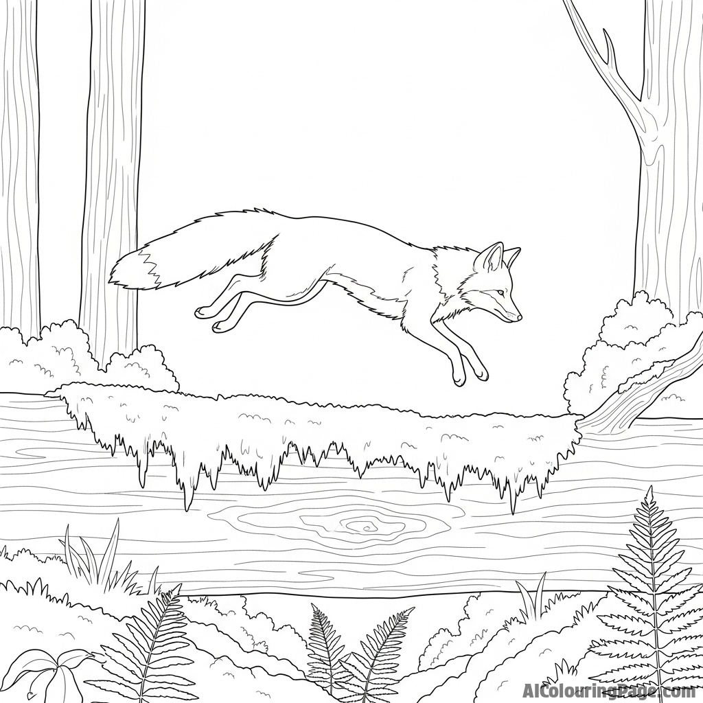 A fox leaping gracefully over a moss-covered fallen log in a primeval forest.
