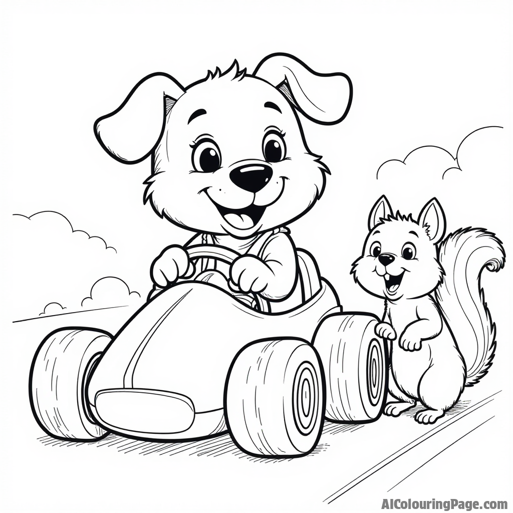 A playful animal character, like a dog, driving a tiny race car, with a surprised squirrel watching, creating a fun and humorous scene for kids to color.