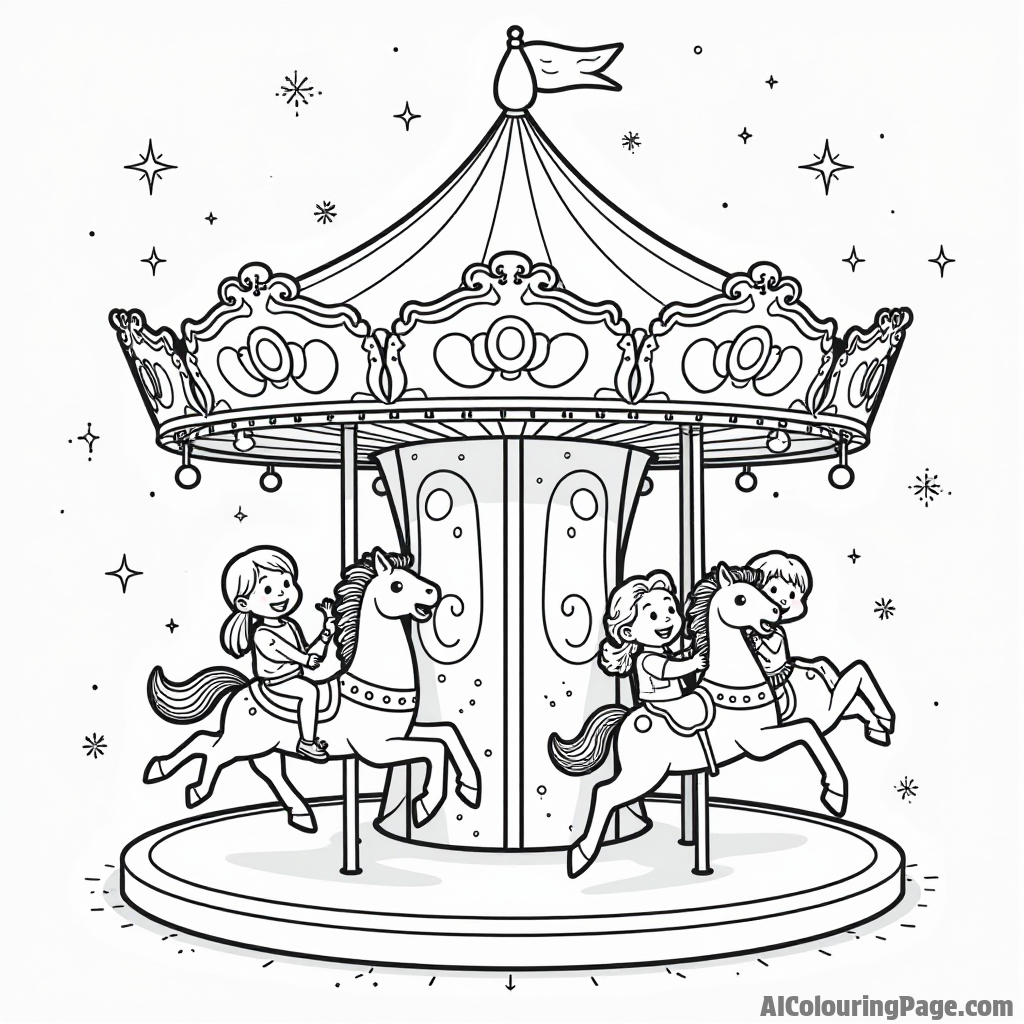 A cupcake-themed carousel with cupcakes as the ride animals, children laughing, and colorful lights twinkling around.