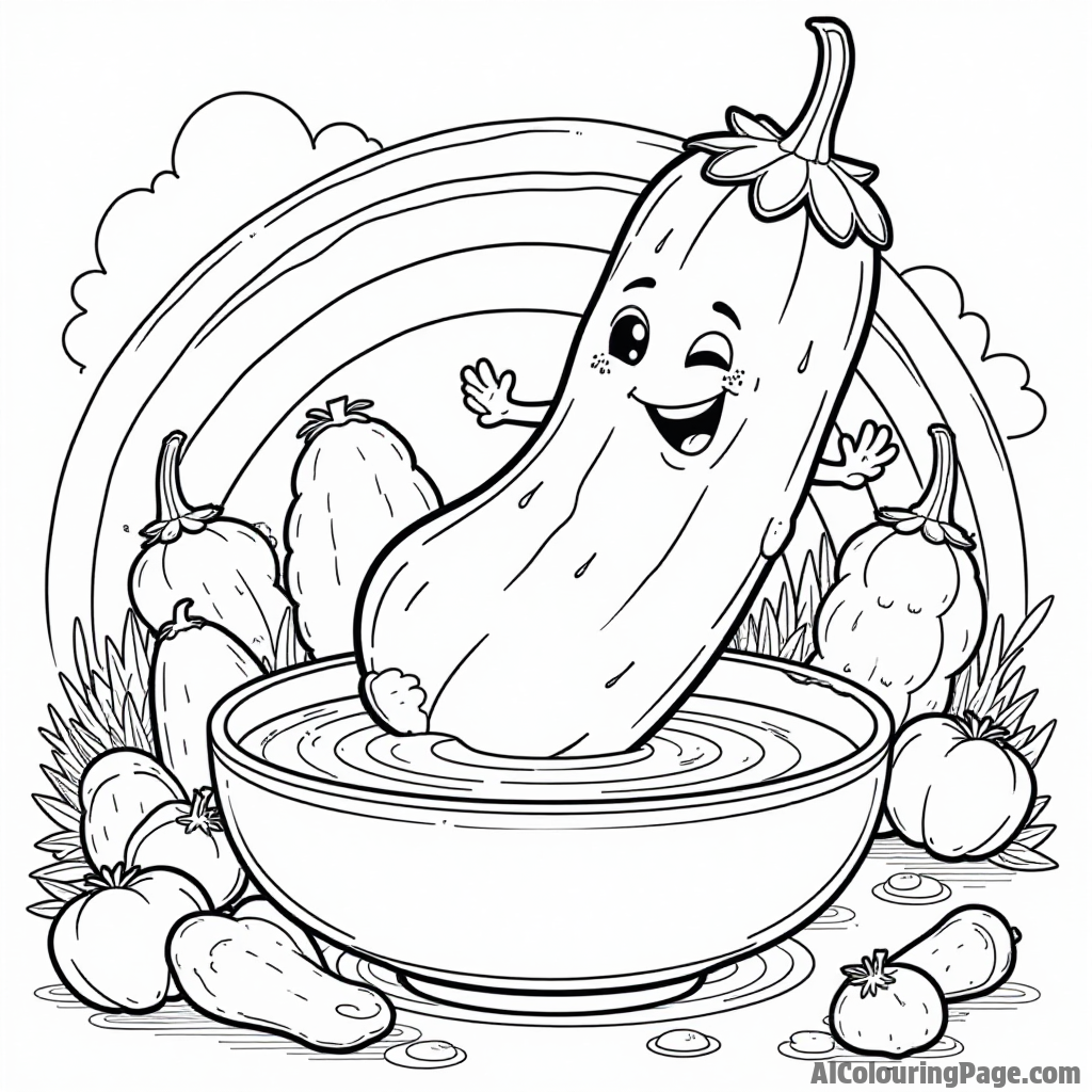 A playful cucumber sliding down a rainbow into a pool of soup with friendly vegetables cheering in the background.