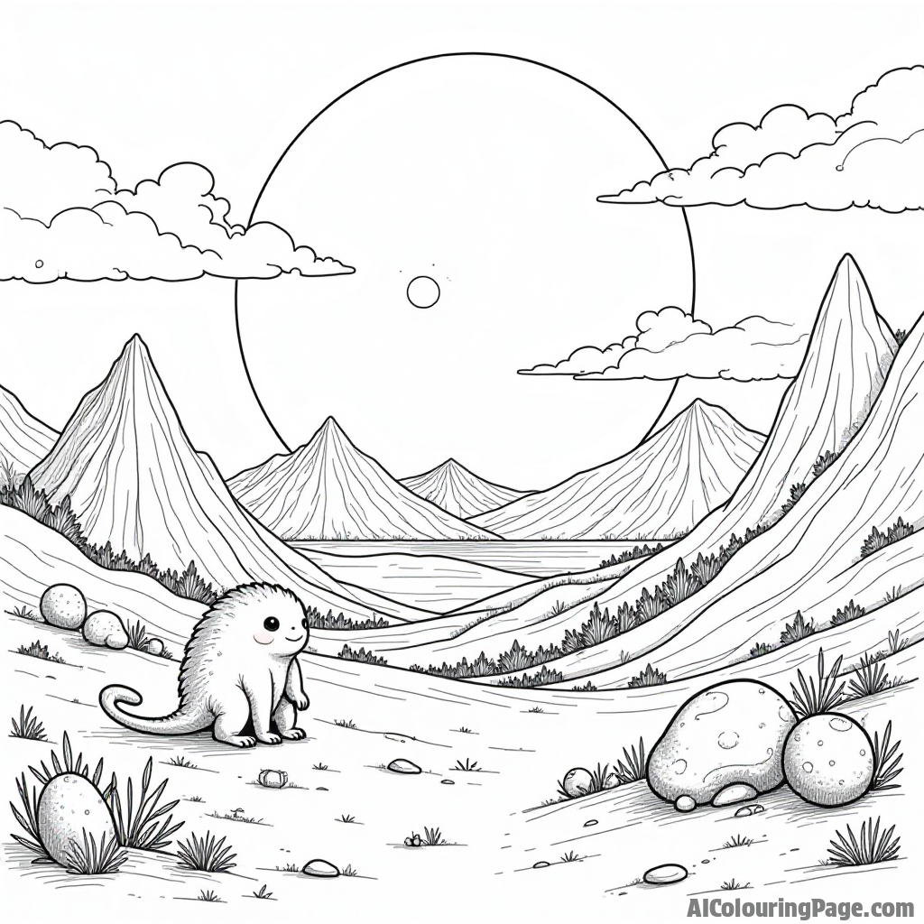 A peaceful landscape on Venus, with unique mountains and clouds, inhabited by cute alien creatures exploring their environment.