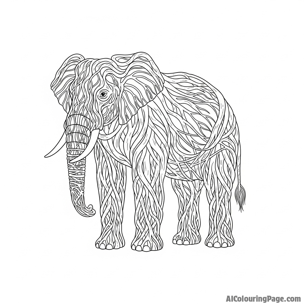 An elephant whose form is made from the intricate roots of a giant banyan tree.