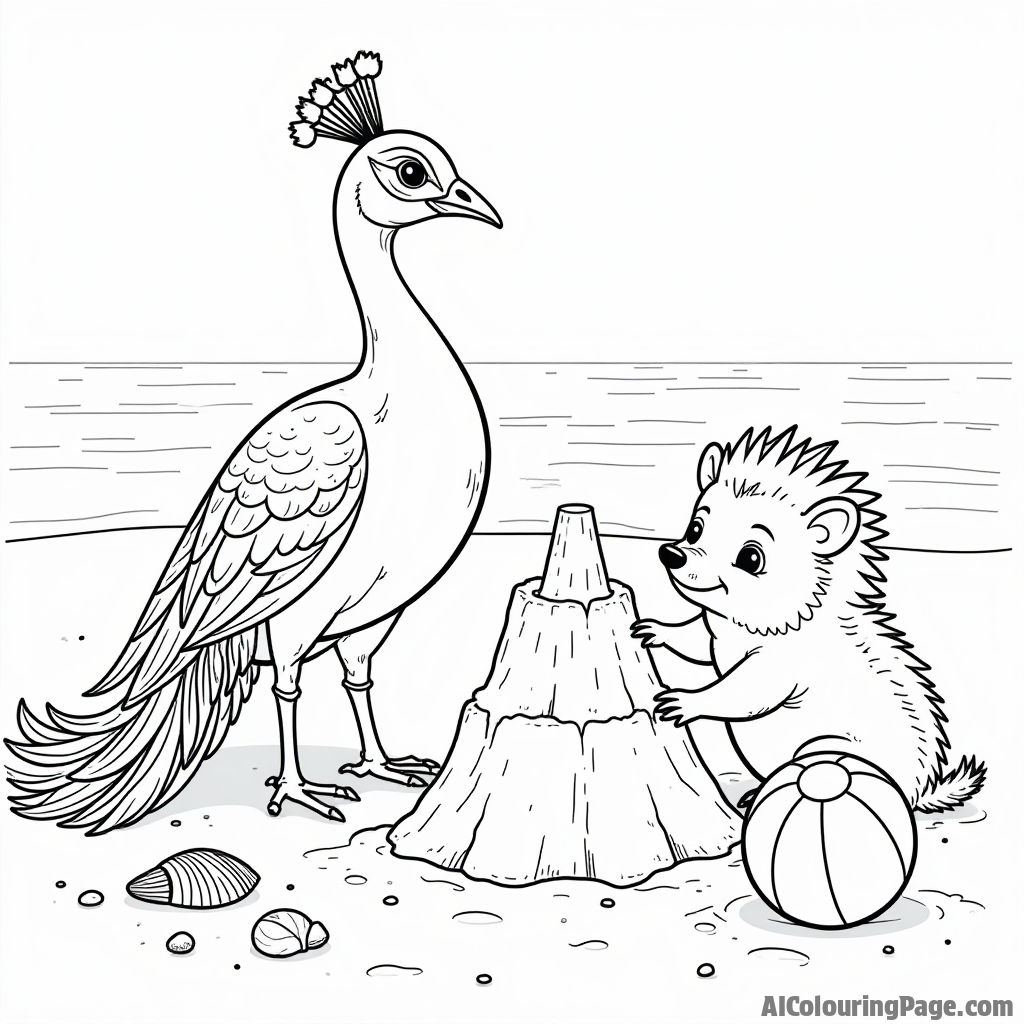 A peacock and a hedgehog building a sandcastle at the beach, with seashells and a colorful beach ball nearby