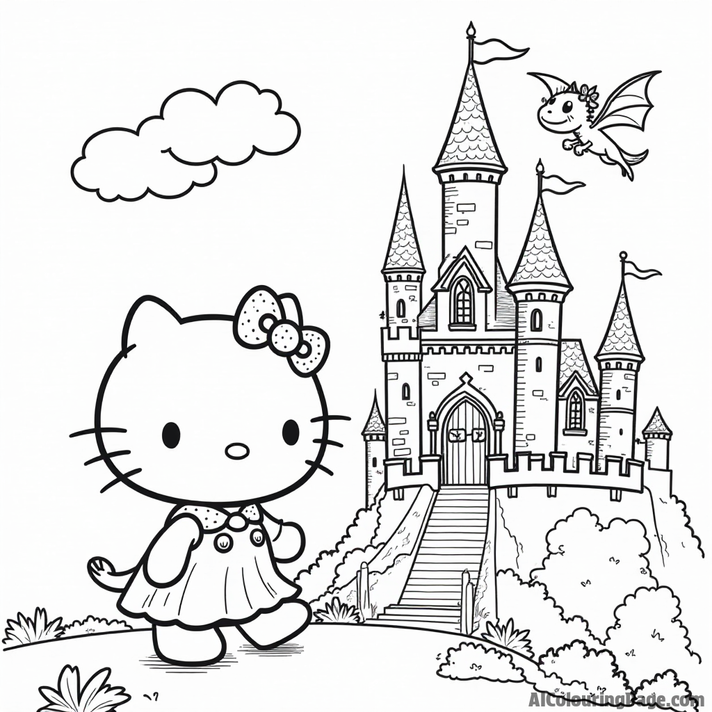 Hello Kitty exploring a castle with tall towers, a drawbridge, and a magical dragon flying above