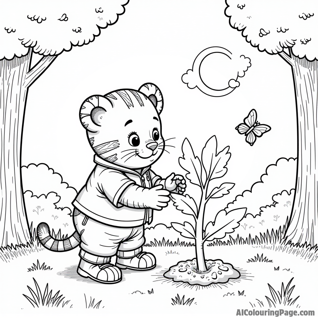 Daniel Tiger planting trees with his friends in a park, surrounded by birds, butterflies, and a beautiful sunny sky.