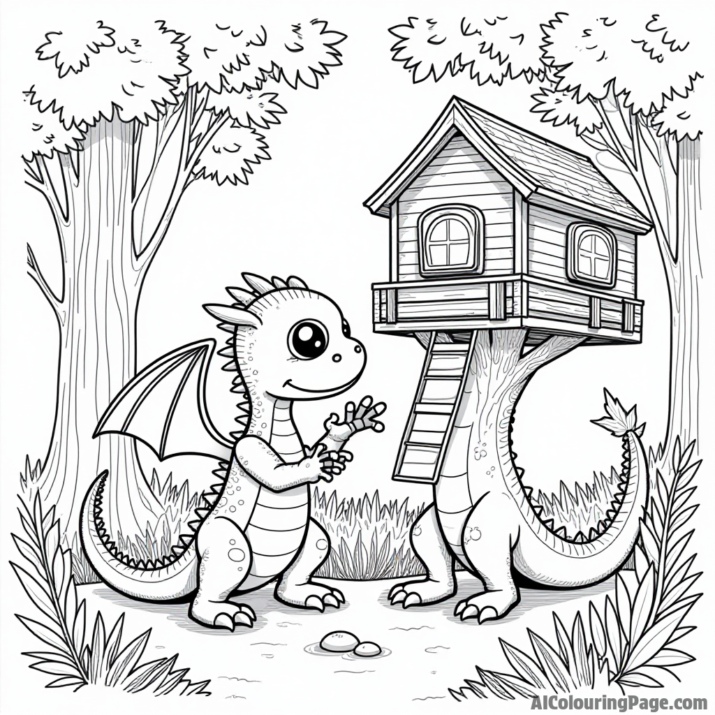 A dragon and a robot friend building a treehouse in a lush forest filled with vibrant wildlife.