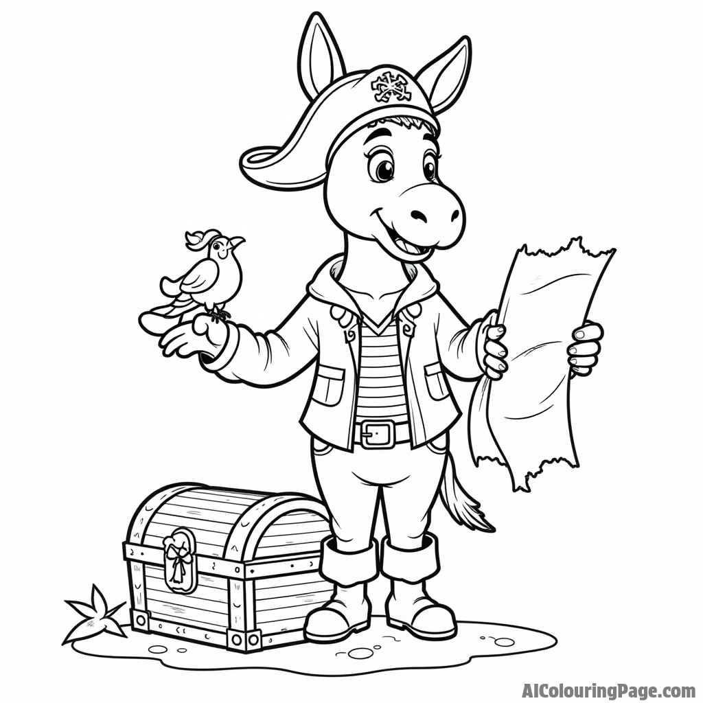 A donkey dressed as a pirate, standing on a treasure chest and holding a map with a parrot nearby