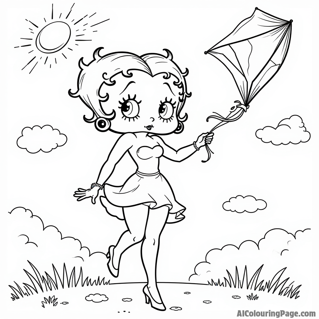 Betty Boop flying a kite on a sunny day with fluffy clouds and a bright sun shining down on her