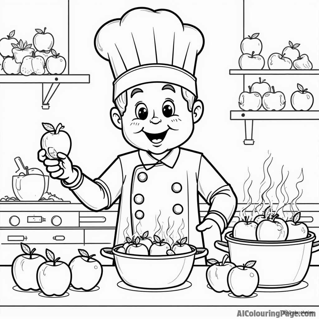 An apple chef with a tall hat, cooking in a kitchen and surrounded by pots and pans filled with apples.