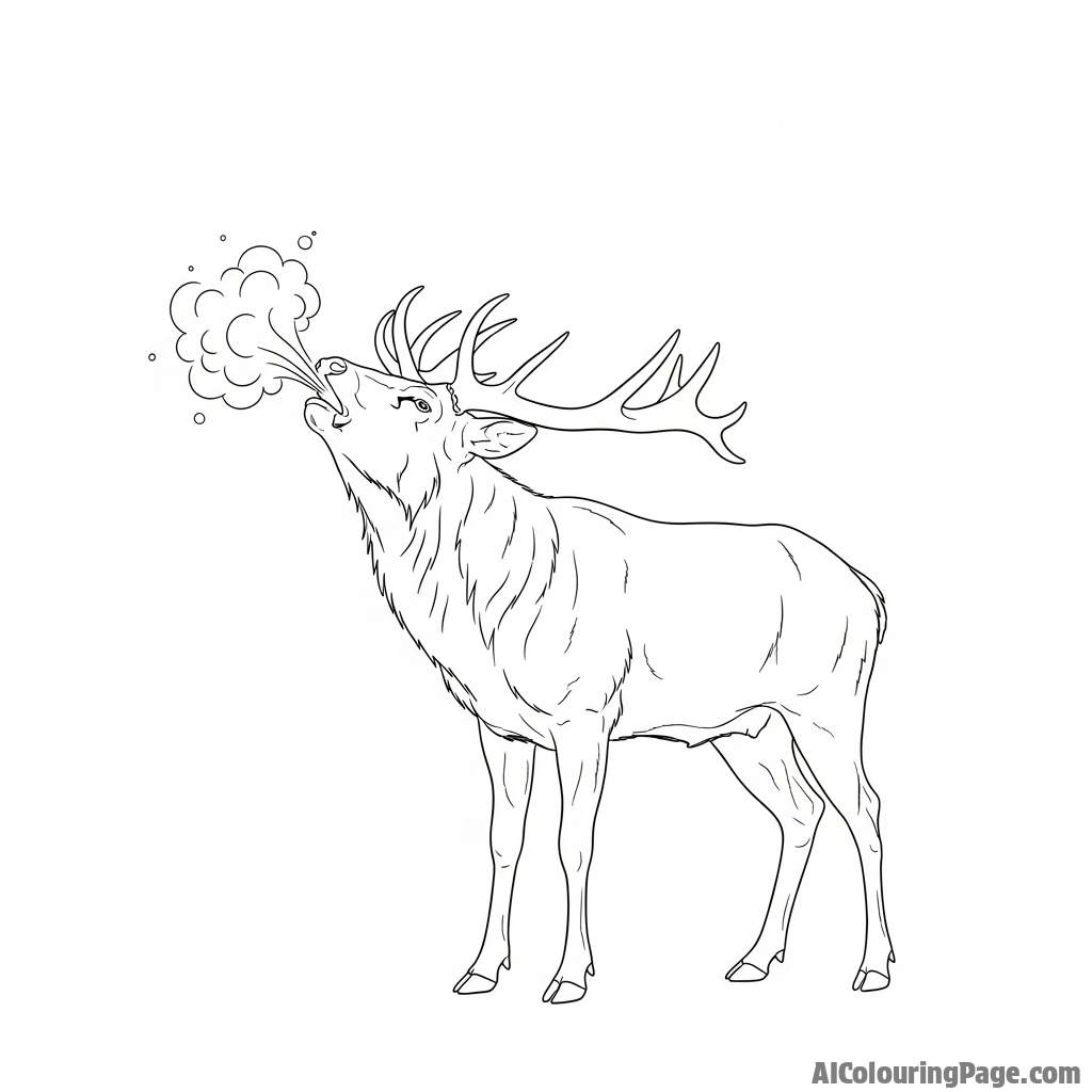 A stag bellowing, its breath visible in the chilly air.