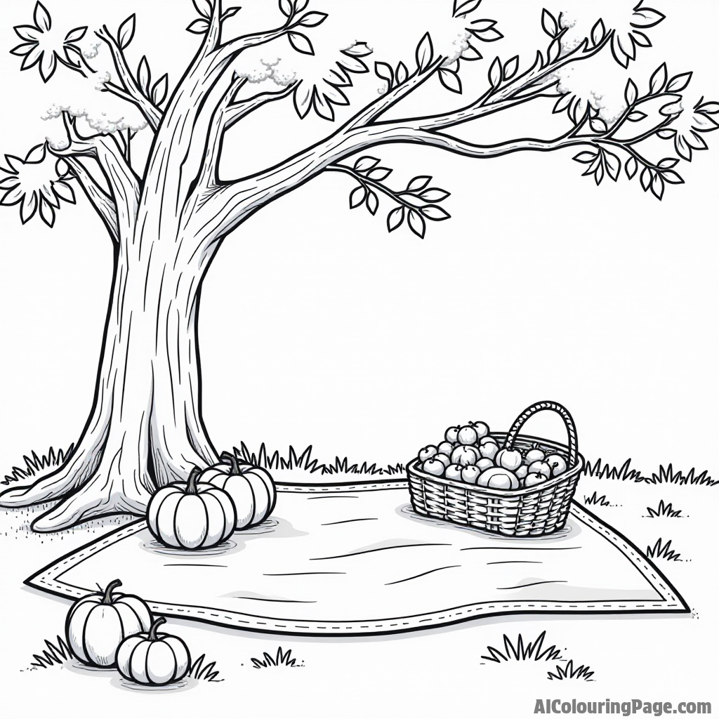 A cozy picnic scene with a blanket spread out, surrounded by apples, pumpkins, and a big tree with golden leaves.