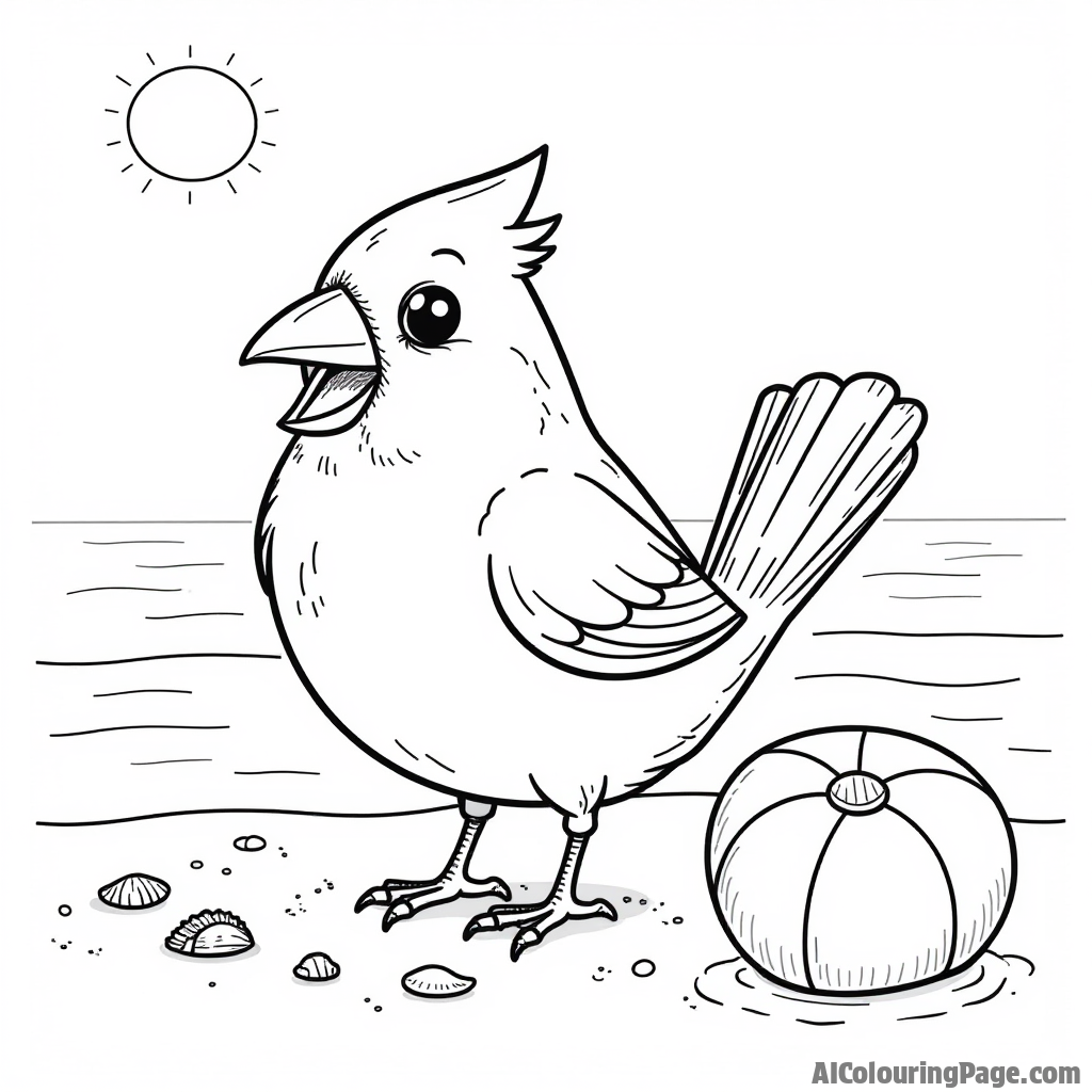 A cardinal enjoying a sunny day at the beach, with seashells and a beach ball for a fun summer coloring page.