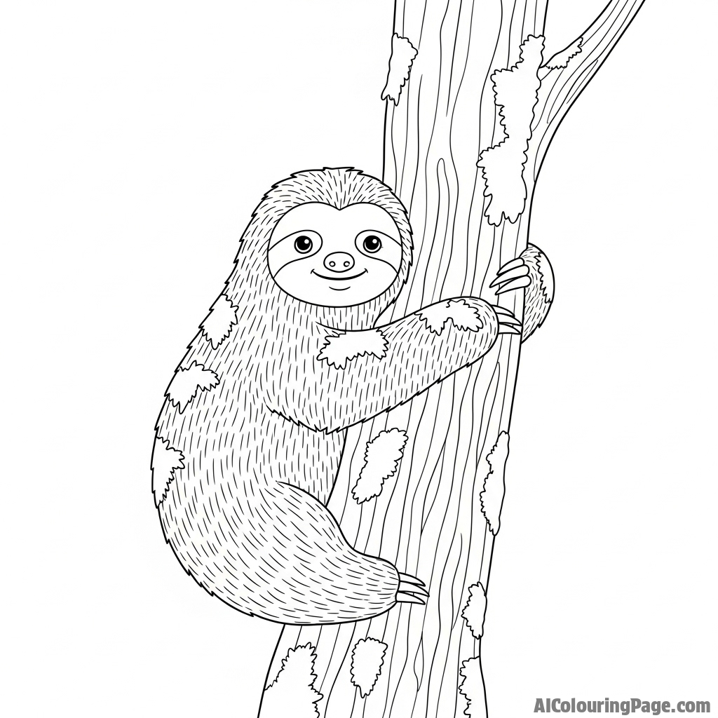 A sloth camouflaged perfectly against a moss-covered tree.