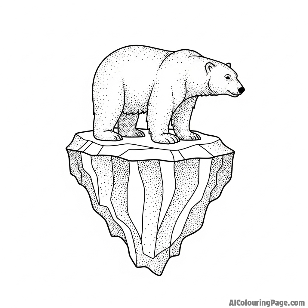 A pointillism artwork depicting the form of a polar bear on an iceberg.