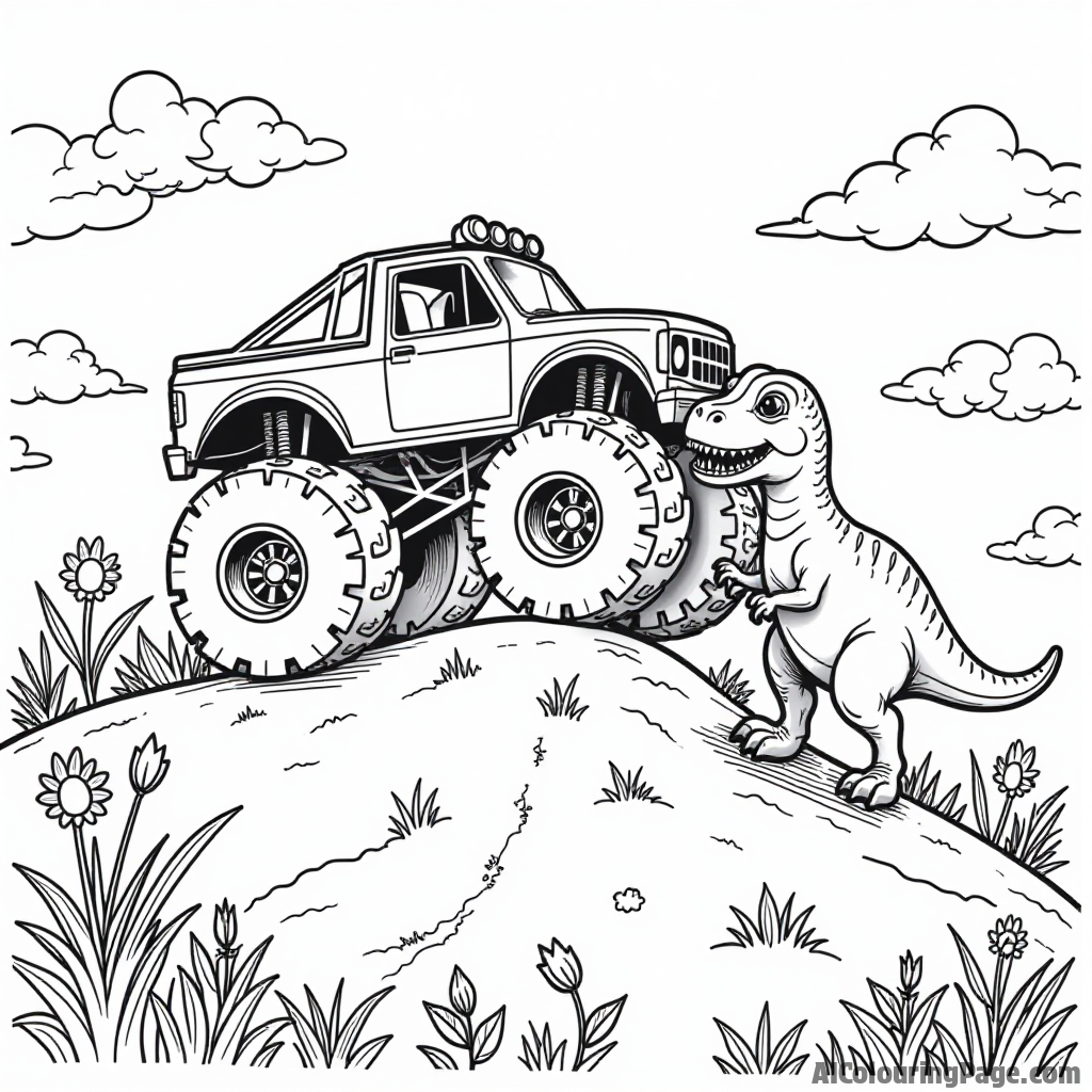 A monster truck racing against a friendly dinosaur on a grassy hill, with trees and flowers around, creating a whimsical and imaginative scene for kids to color and enjoy.