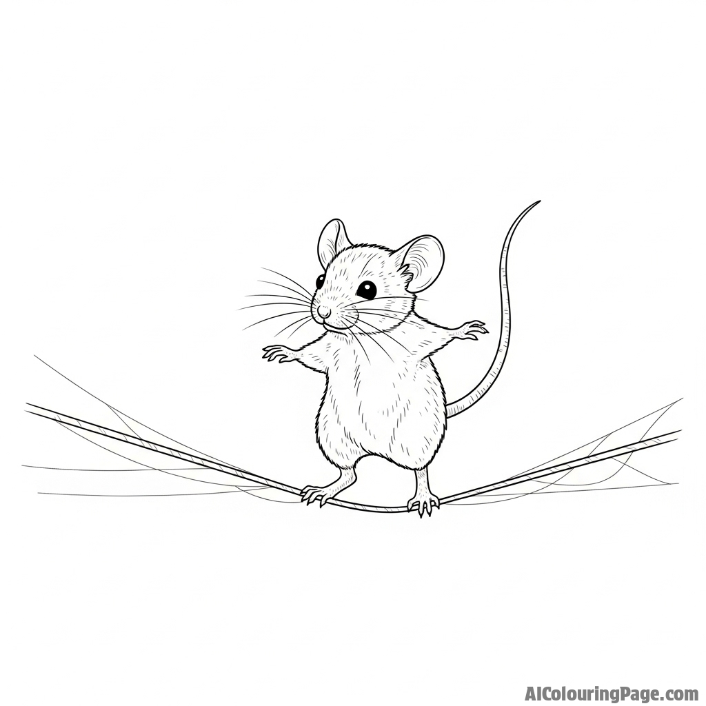 A mouse carefully walking along a tightrope made of a single strand of spider silk.