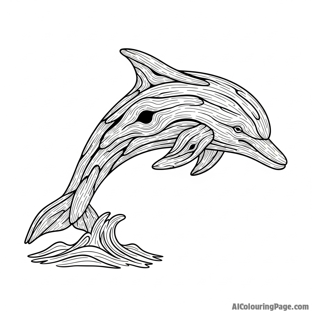 A dolphin sculpture crafted from polished, gnarled driftwood.