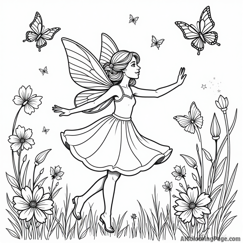 A fairy twirling in a flower garden while colorful butterflies dance around her in the breeze