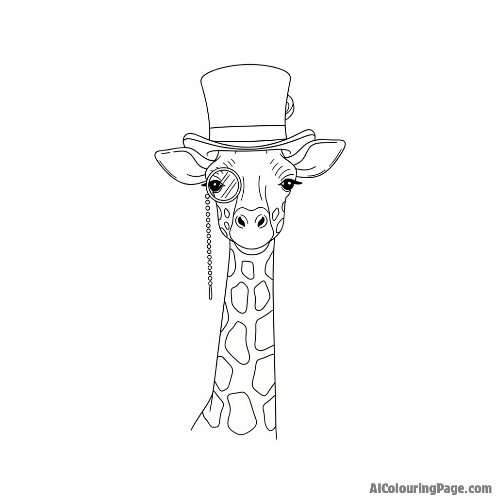 A whimsical illustration of a giraffe wearing a top hat and a monocle.