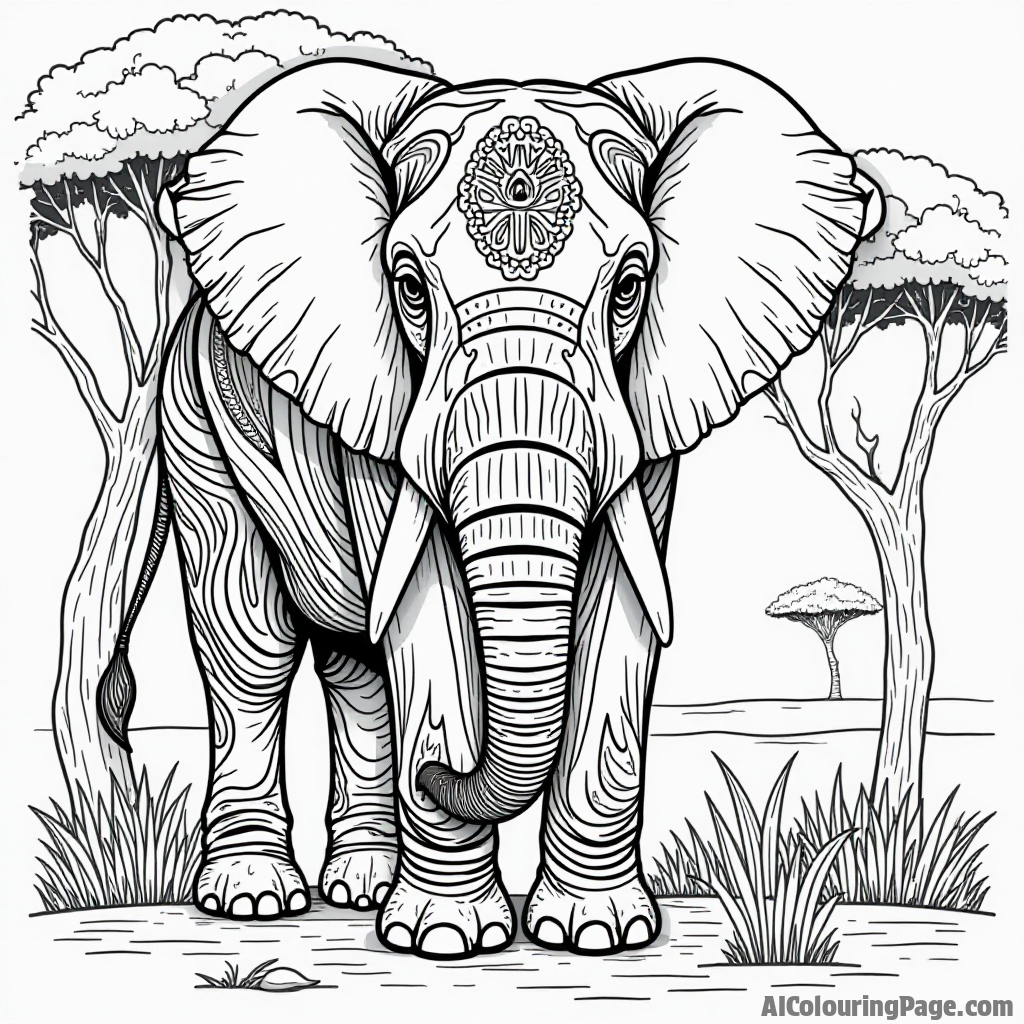 A majestic African elephant with traditional tribal patterns on its skin, surrounded by acacia trees, capturing wildlife and culture, designed for kids to color in a fun black and white style.