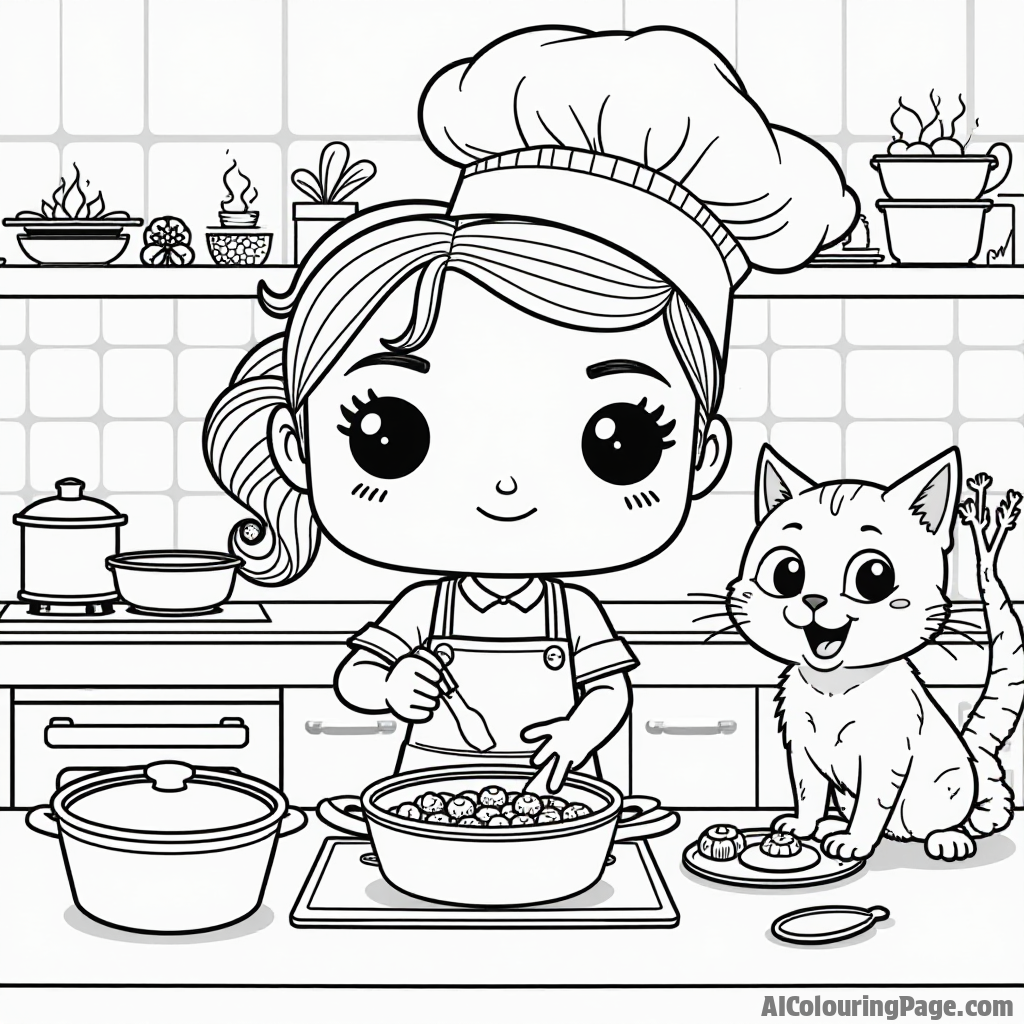 A Funko Pop style chef cooking in a colorful kitchen, with pots, pans, and a playful cat stealing food, creating a lively scene for children to enjoy coloring and cooking adventures.