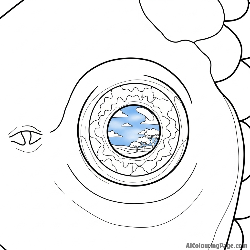 A photorealistic rendering of a koi’s eye, capturing the reflection of the sky and trees.