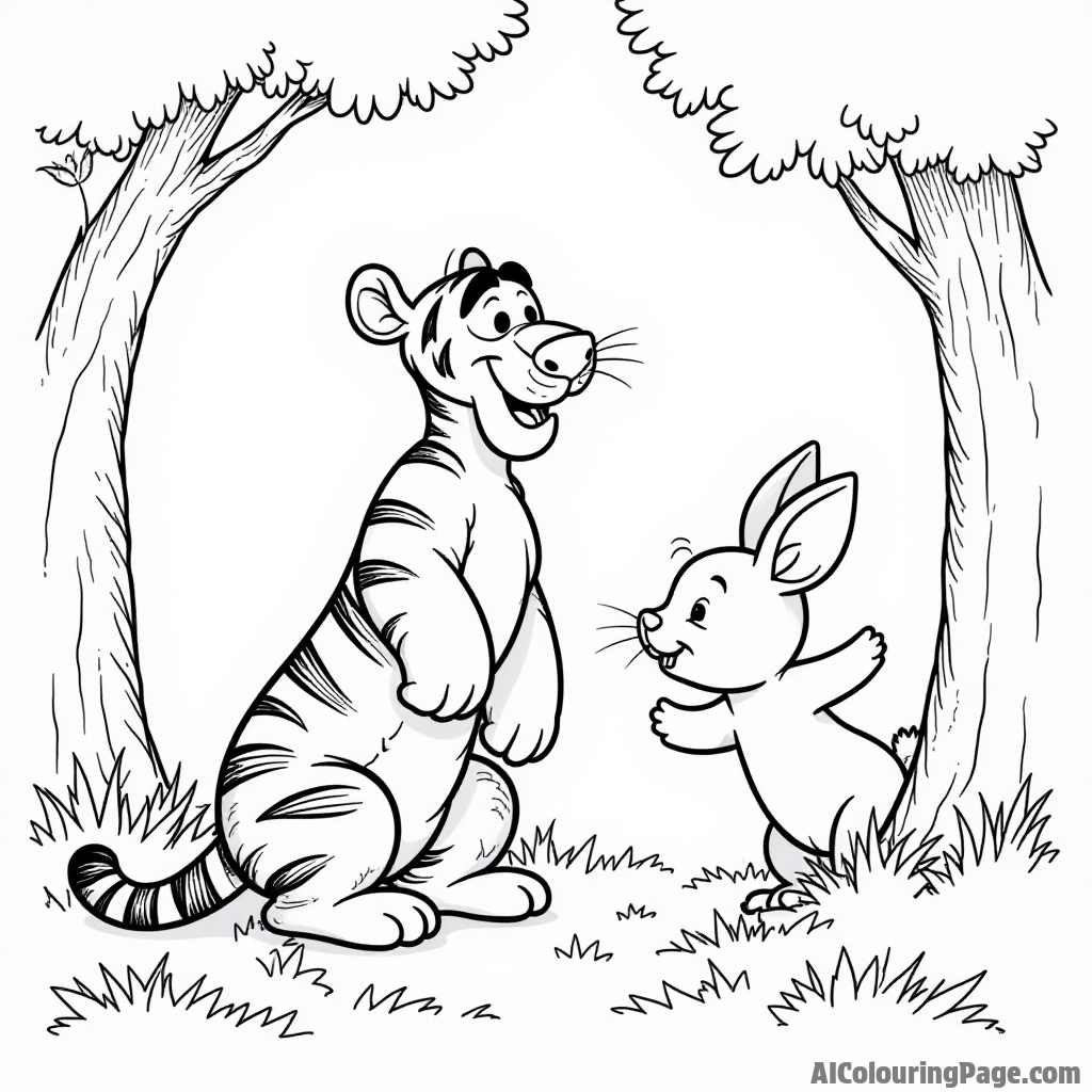 Tigger and Rabbit playing hide and seek behind trees, with Piglet peering out from behind a bush, giggling.