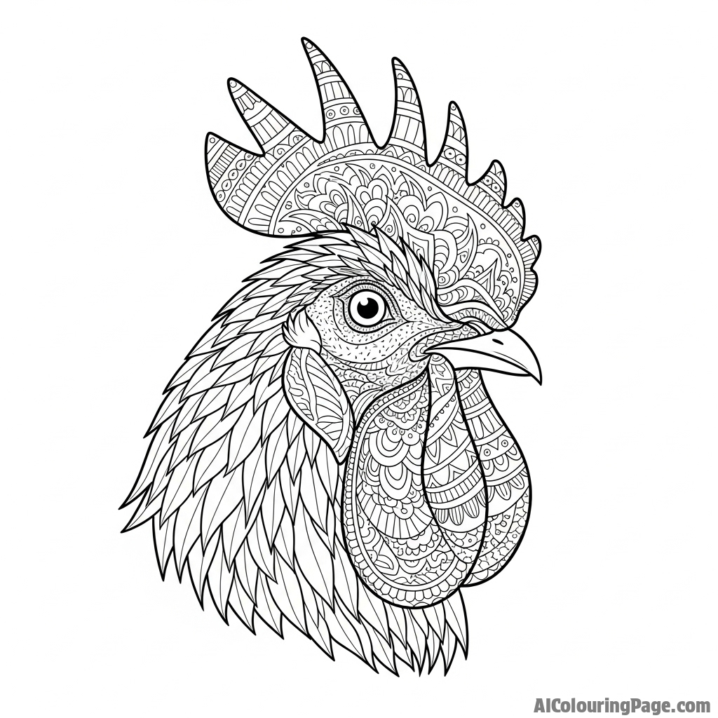 A detailed charcoal drawing of a rooster's head.