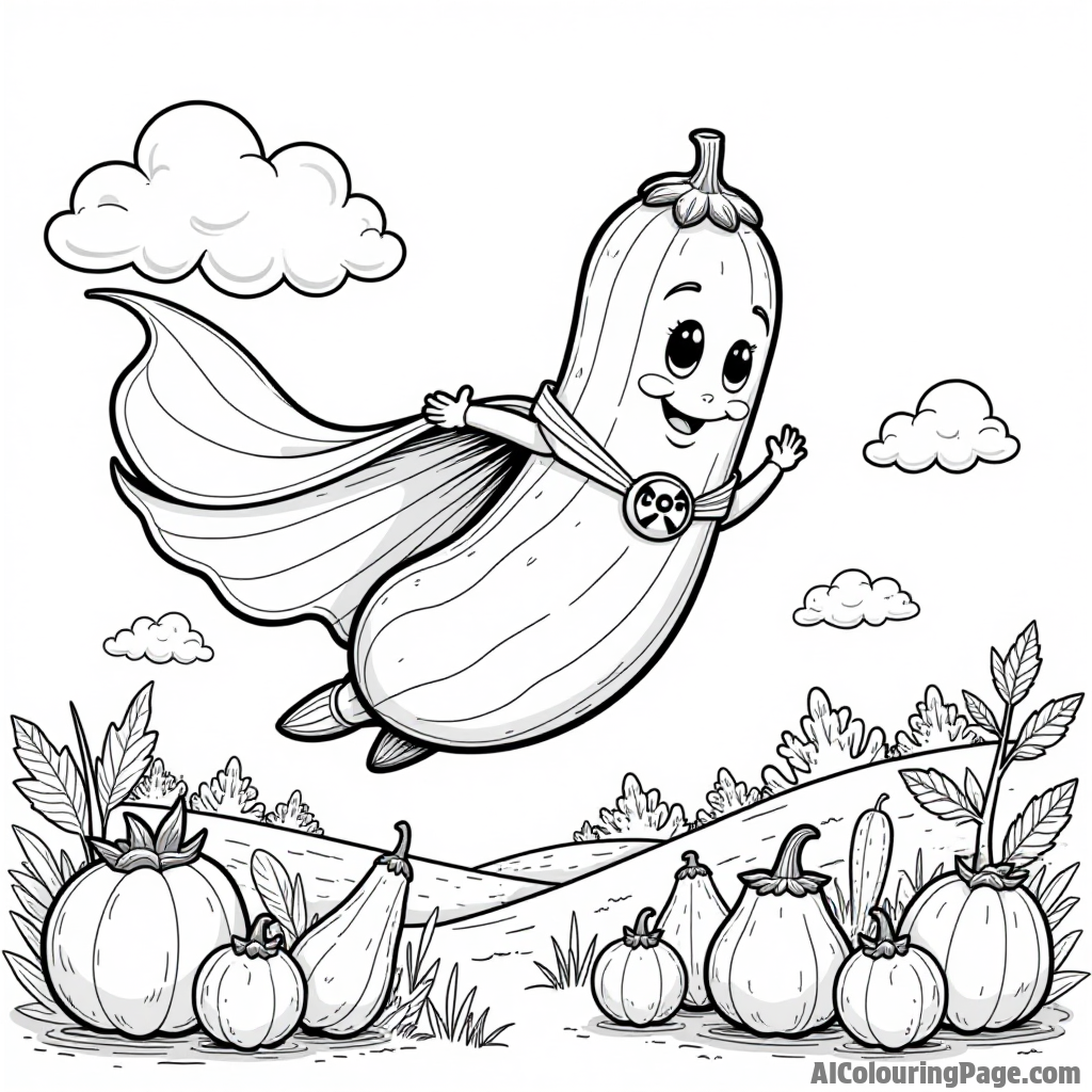 A playful zucchini in a superhero cape flying over a field of vegetables with clouds and birds above.