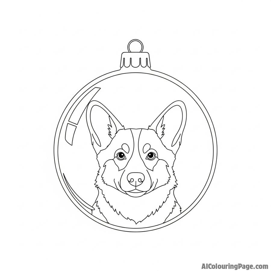 A corgi's face reflected perfectly in a shiny holiday ornament.