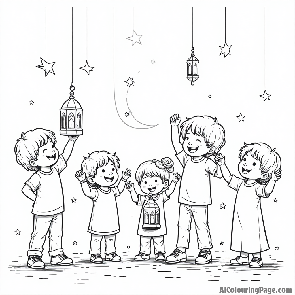 A group of children joyfully decorating lanterns for Ramadan, expressing creativity and excitement in preparation for the festive season. Festivals and Traditions Coloring Sheets.