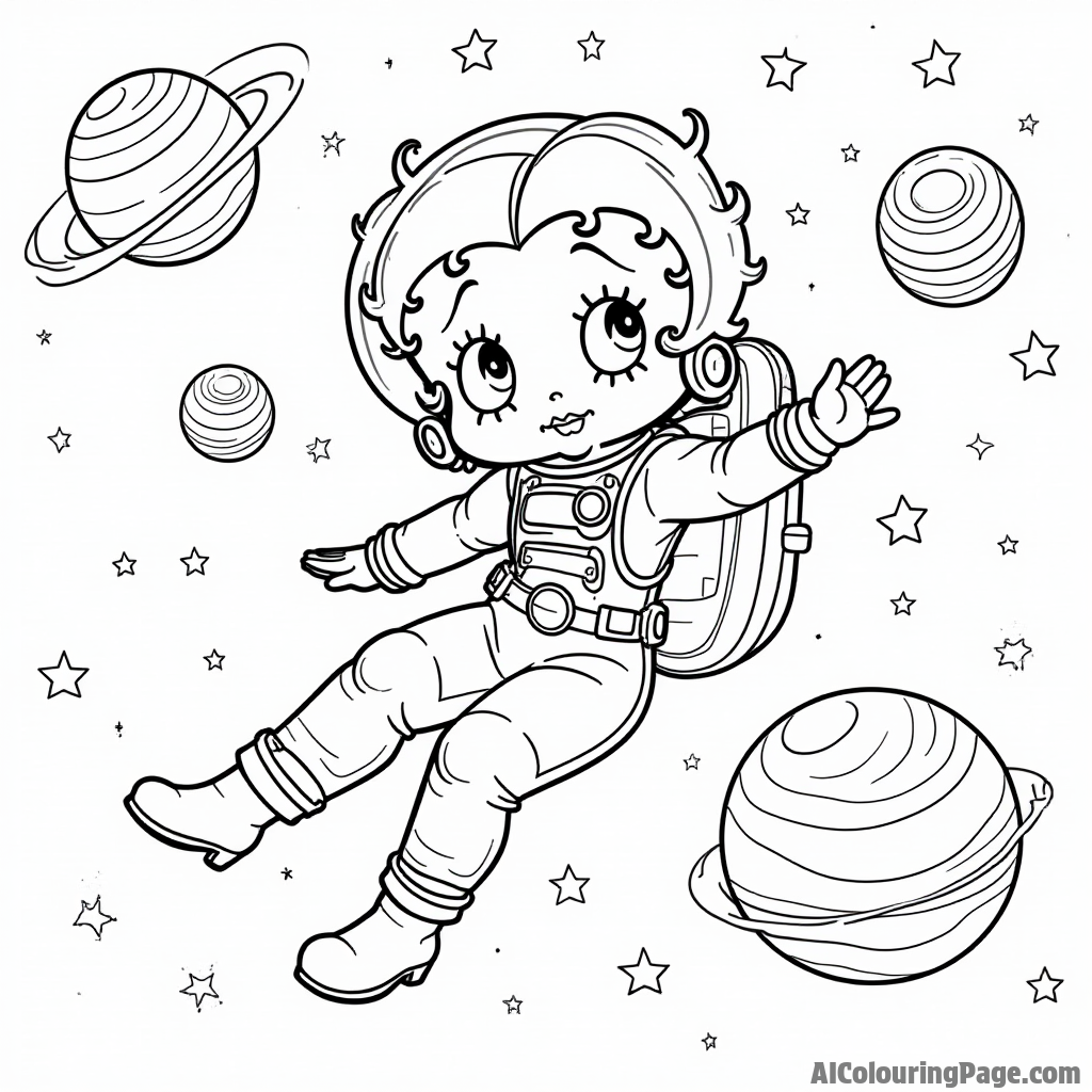 Betty Boop dressed as an astronaut floating in space with planets and stars all around her in a cosmic adventure