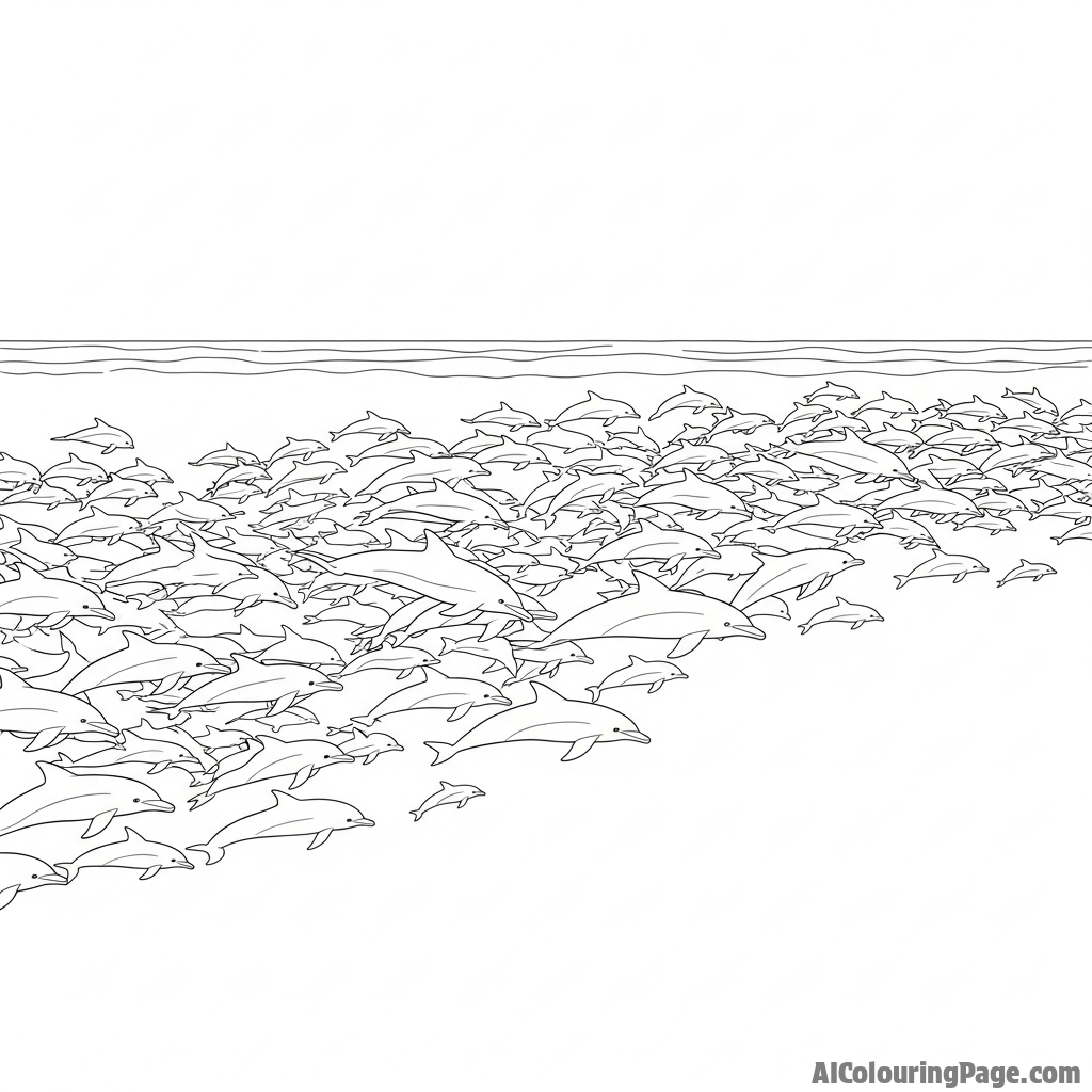 A wide-angle shot of a massive super-pod of dolphins stretching towards the horizon.