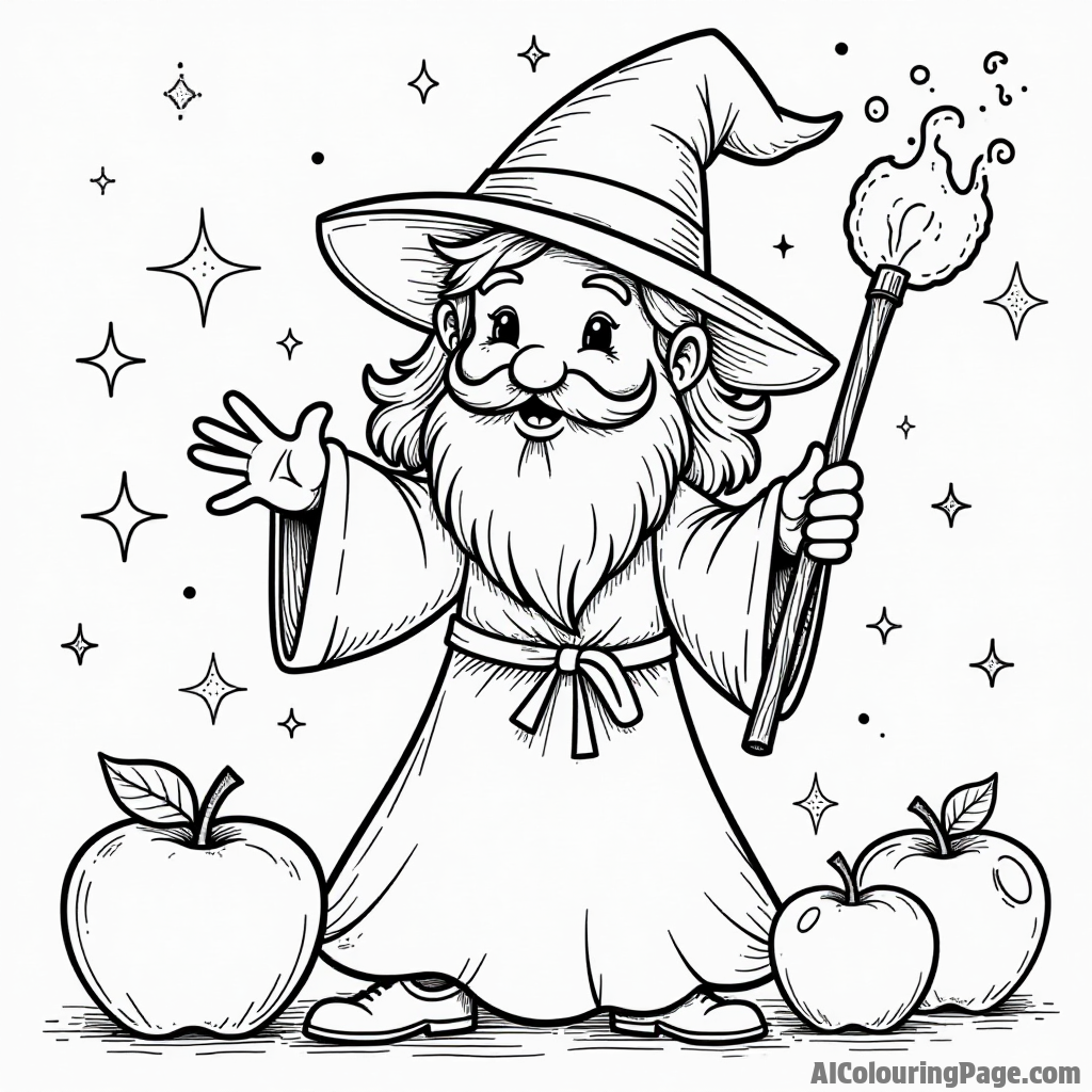 An apple wizard casting spells with a magic wand, surrounded by enchanted apples and shimmering stars.