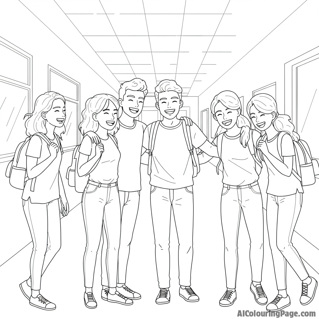 A group of friends reuniting in the school hallway, filled with laughter.