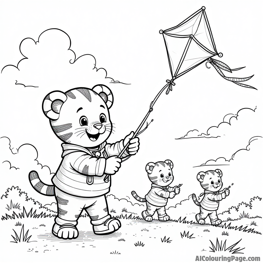 Daniel Tiger and his friends flying kites on a windy day at the park, with colorful kites soaring high in the sky.