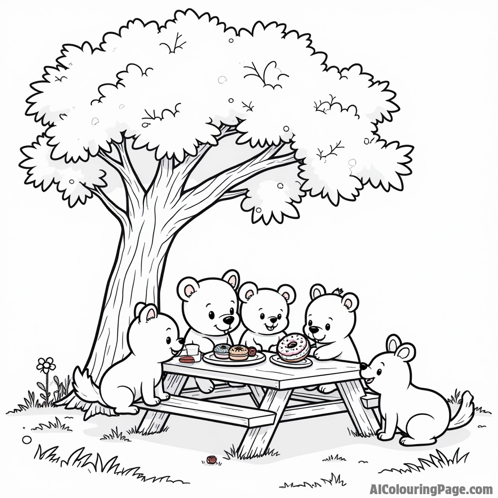 A group of cartoon animals enjoying a donut feast at a picnic table under a large tree with colorful leaves.