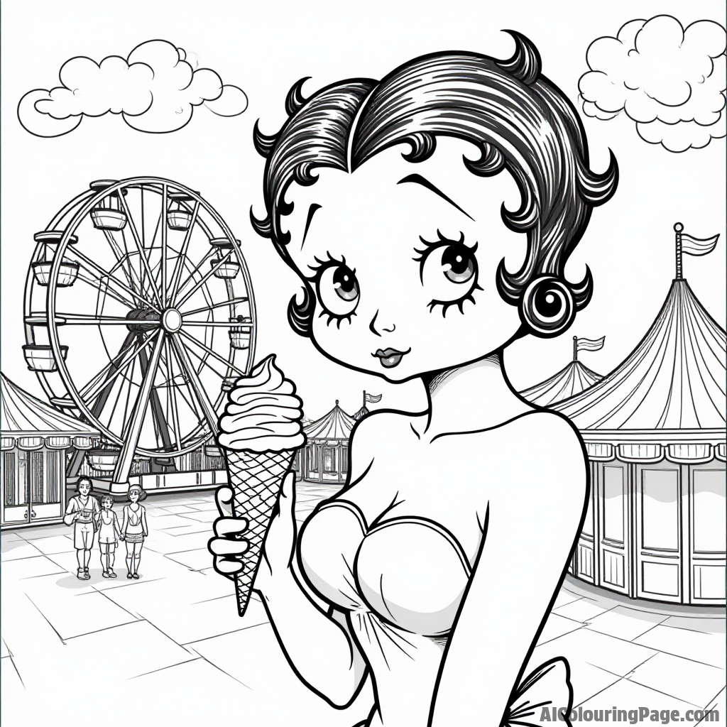 Betty Boop enjoying an ice cream cone at a colorful carnival with balloons and a ferris wheel in the background