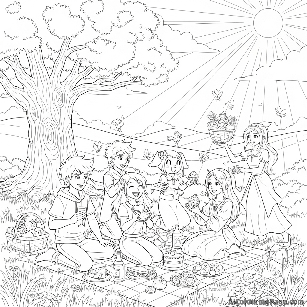 Aphmau and her friends enjoying a picnic in a sunlit meadow.