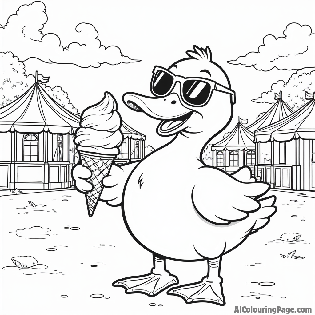 A duck wearing sunglasses enjoying an ice cream cone at a summer fair with tents and rides visible.