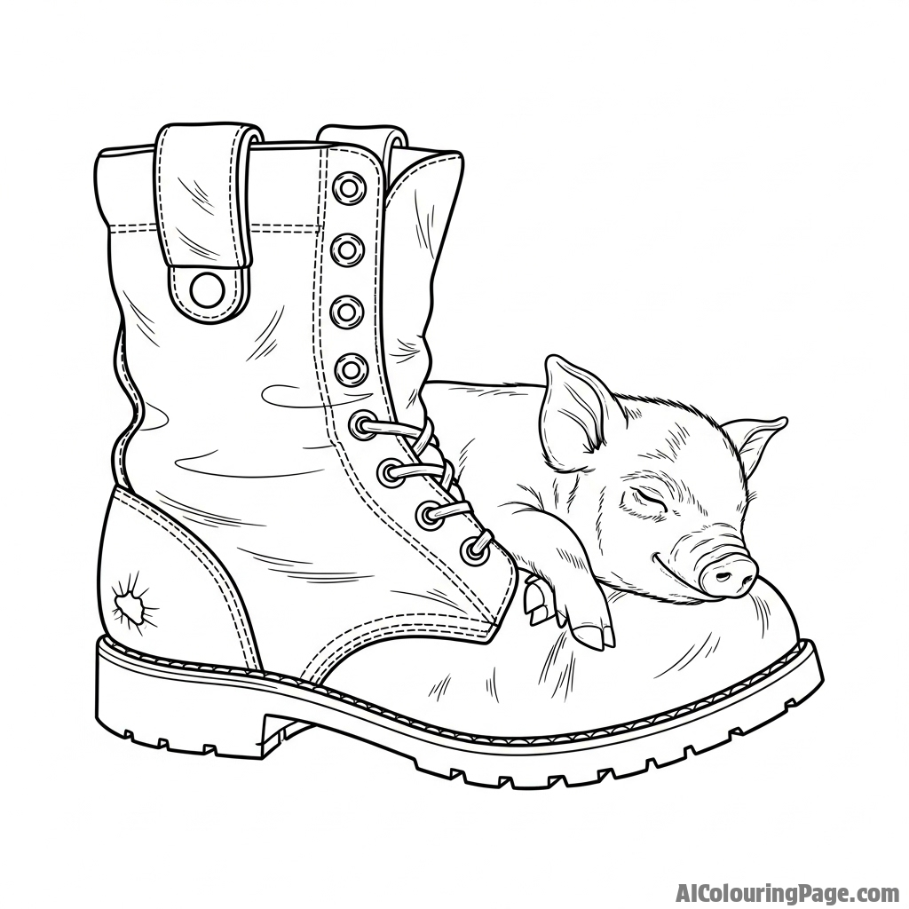 A tiny piglet curled up and sleeping inside a large boot.