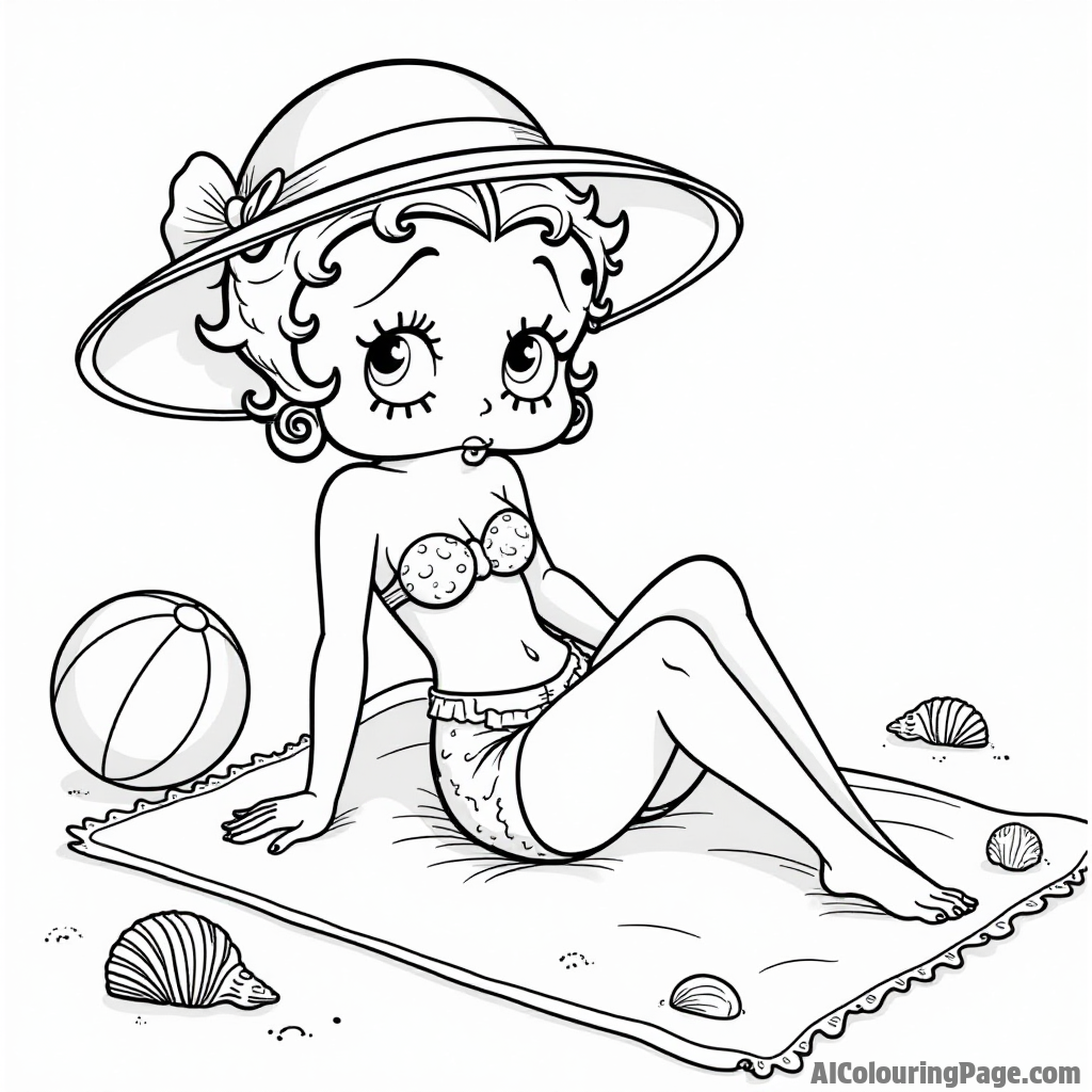 Betty Boop relaxing on a beach towel with a sun hat, surrounded by seashells and a beach ball nearby