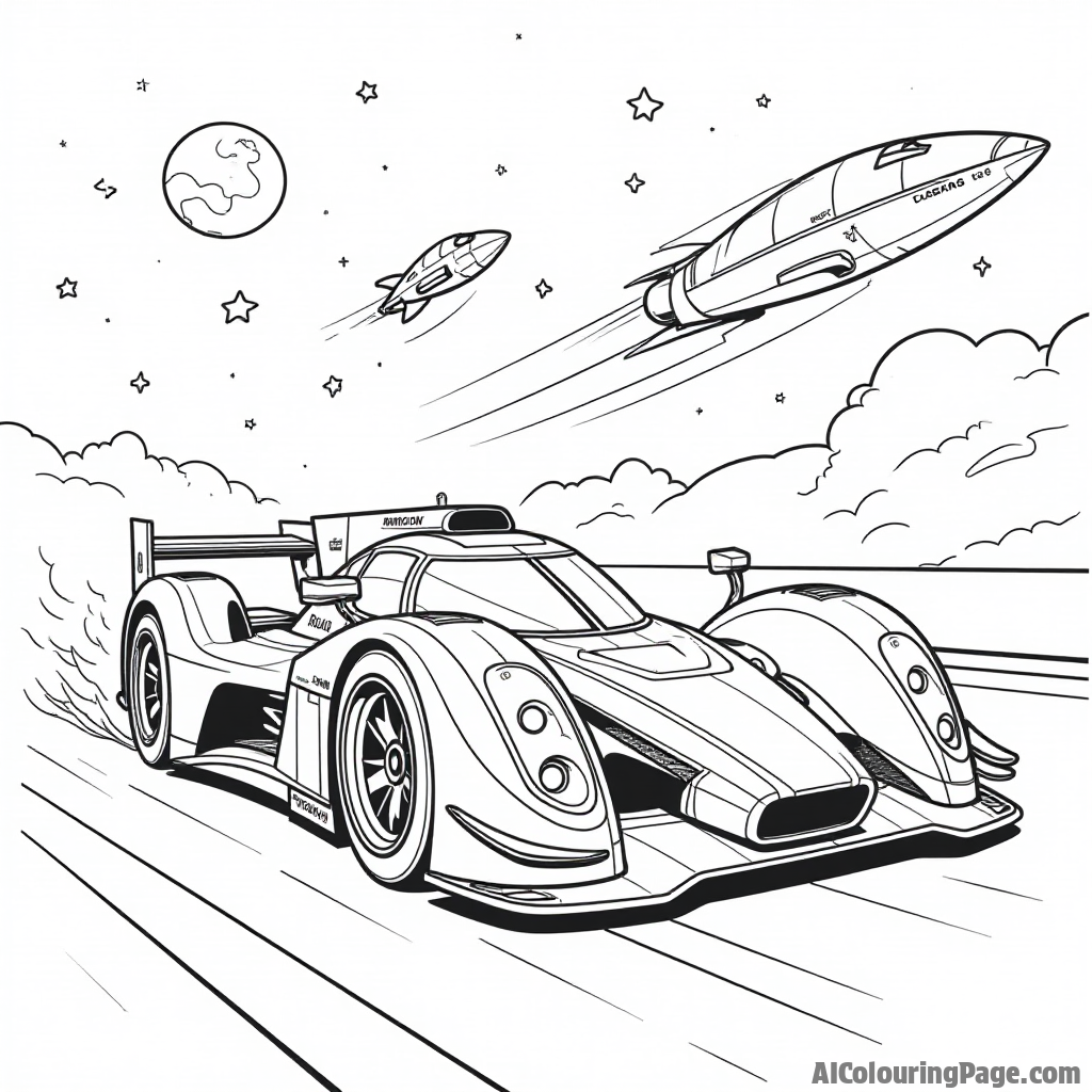 A futuristic race car with sleek designs racing alongside a spaceship, set against a starry sky, inspiring children to imagine a world of intergalactic racing.